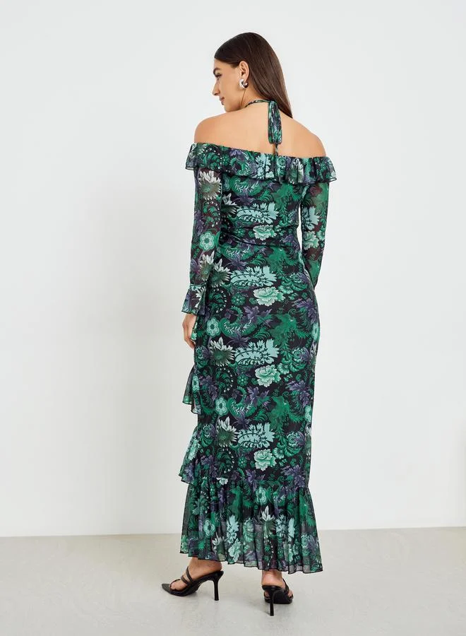 Styli Women Green Printed Ruffle Detail Maxi Dress